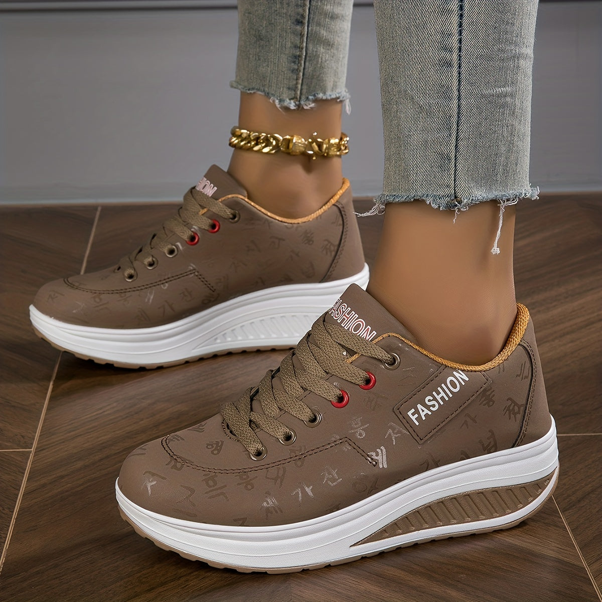 Women's Fashionable Rocker Sneakers - Breathable, Non-Slip Thick Sole Casual Shoes in Brown with White Sole Accents, Lace-Up Low Tops, Stain-Resistant, All-Season Wear